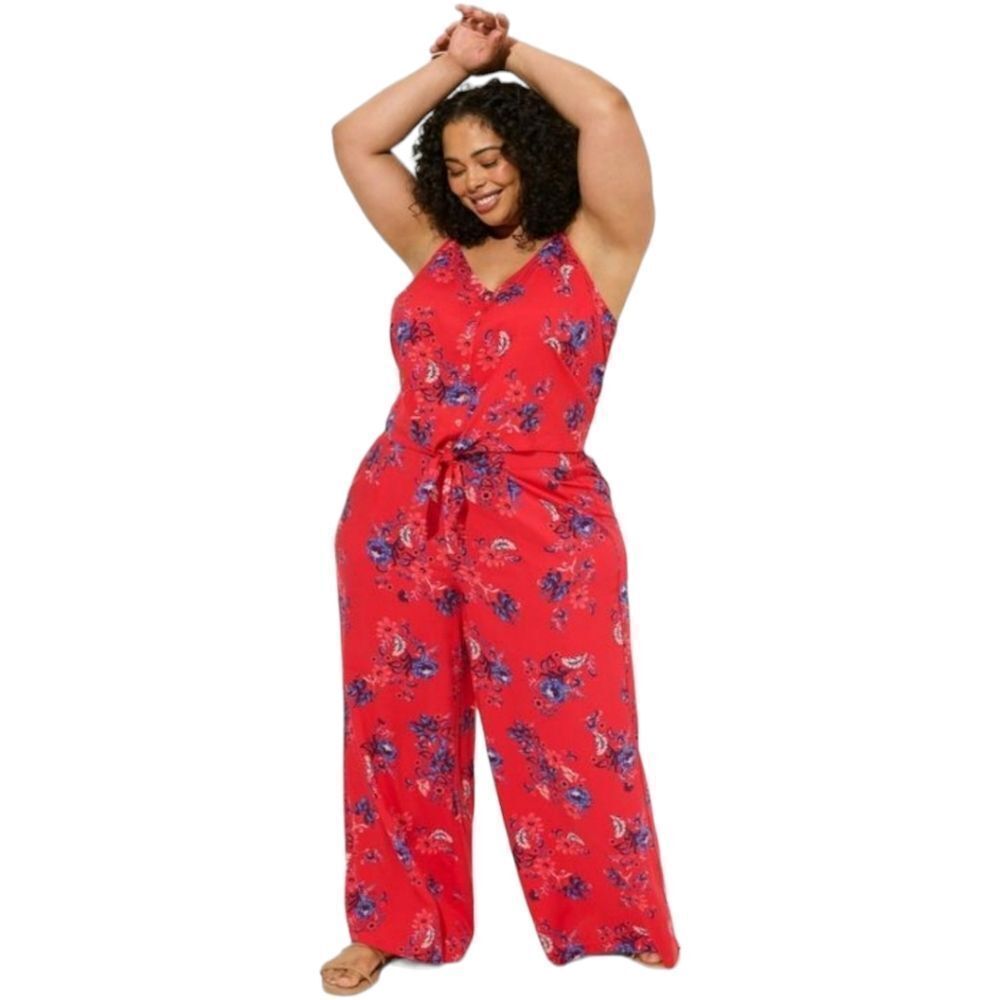 TORRID Red Floral challis button down crop top with  pull on pant set NWT
